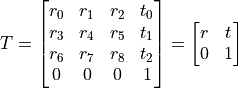 T = \begin{bmatrix}
r_0 & r_1 & r_2 & t_0 \\
r_3 & r_4 & r_5 & t_1 \\
r_6 & r_7 & r_8 & t_2 \\
0 & 0 & 0 & 1
\end{bmatrix} = \begin{bmatrix}
r & t \\
0 & 1
\end{bmatrix}